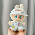Labubu plush toy wearing light blue denim hat and jacket with happy and cute letter details - Cute Kindergarten Blue / First And Second Generation Keychains Are Compatible With La Cloth Dolls. Dolls Not Included.