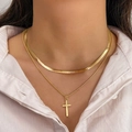 Golden double-layer snake chain necklace with minimalist cross pendant on model - HS1459-4 Gold Double Layer Herringbone Chain Cross Set