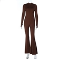 Detail view of dark brown jumpsuit with zip-up mock neck and vintage flare sleeve texture - S / Brown