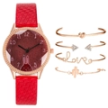 Coffret montre femme bracelet cuir rouge cadran lapin et quatre bracelets en or rose - Rouge + Bracelet