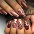 Unghie finte lunghe a ballerina marrone scuro e rosa nude con decorazioni floreali retrò - Stile Floreale Vintage Marrone Scuro (AW526) / Con Colla Gelatina e Lima per Unghie