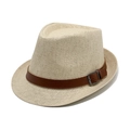 Straw fedora sun hat in beige finish with brown leather belt buckle detail - M (56-58cm) / Light Khaki