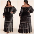 Elegant off-shoulder black lace maxi dress featuring layered velvet panels and long sleeves - S / Dresses / Black