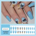 Blue beach-themed press-on nails with 3D starfish and palm tree designs (DZ558-B7) - Jelly Glue Type / DZ558-B7 Blue Sea and Sky