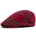 Classic red and black plaid flat cap with adjustable bronze metal buckle side view - Adjustable / Red