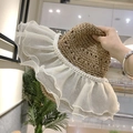Elegant straw sun hat with white chiffon ruffles and delicate pearl trim detail - M (56-58cm) / Khaki Pearl Organza