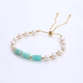 Adjustable pearl bracelet with cylinder aquamarine stones and gold plated slide clasp - Amazonite