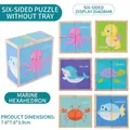 3D wooden block puzzle set for kids featuring six colorful ocean animal patterns - 4 Grains - Ocean Life