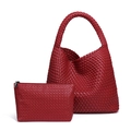 Handwoven dark red leather hobo tote bag set with matching zipper inner pouch - Peony Red