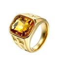 Anello in acciaio al titanio dorato con gemma gialla quadrata e dettagli in rilievo - US 10 / Oro Zircone Giallo