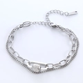 Double-layered stainless steel silver bracelet with pavé crystal cylinder pendant - Steel