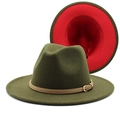 Detail of wool fedora hat in army green with red lining and slim leather belt buckle - Army Green + Red