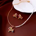 18K gold plated horse jewelry set with pearl necklace and colorful crystal earrings - Jewelry Set (Necklace + Earrings)