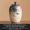 Miniature ceramic tea jar featuring koi fish patterns and a wooden lid, 103ml capacity - Blue & White Gold Inlay Hand Painted Lotus - Jar