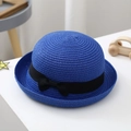 Dark blue round top straw hat for kids featuring a black ribbon bow and fine weave - S (52-54cm) / Blue
