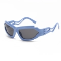 Futuristic sporty sunglasses with light blue frames and hollow wavy temples - Blue Frame Gray Lens