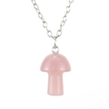 Macro detail of natural pink quartz mushroom pendant with a silver-colored chain - Rose Quartz