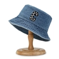 Light blue washed denim bucket hat with checkered letter C embroidery on a stand - Letter C Patch Navy Blue