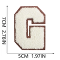 Detailed view of white chenille letter G patch with brown felt backing and dimensions - Letter G