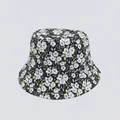 Detailed close-up of floral bucket hat with white flower pattern and green leaves - M (56-58cm) / Black White Green Floral (15#)