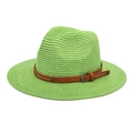 Detail of green straw Panama hat featuring a brown leather belt with metal buckle - M (56-58cm) / Fruit Green