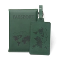 Dark green world map passport holder and luggage tag set with PU leather finish - Set / Dark Green