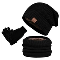 Men's winter warm set with black knitted beanie, neck warmer and touchscreen gloves - 3-Piece Set (Hat+Scarf+Gloves) / Black
