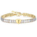 Elegant gold letter T bracelet featuring a heart pendant and sparkling baguette-cut zircons - Gold T