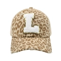 Close-up of leopard print baseball cap featuring a glittery chenille letter L patch - Leopard-Letter L