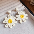 Handmade woven daisy earrings in white and yellow raffia for a beach vacation look - 15# Steel Pin Woven Wrapped Flower Petal Earrings