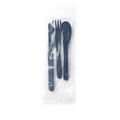 Three-piece dark blue wheat straw cutlery set with fork knife and spoon in packaging - Dark Blue / PE Bag