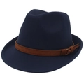 Detailed view of navy wool fedora with brown suede band and gold buckle accent - Navy Blue (Yellow Cord Decor)