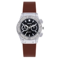Jingis women's quartz watch with silver rhinestone bezel and brown silicone strap - Brown Strap Black Dial