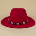 Detail of red fedora hat with black leather band and silver embossed metal buckles - M(56-58cm) / Red