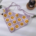 Handmade purple crochet triangle bandana with smiley daisy patterns and hair ties - Purple Smiley Sun Flower