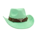 Mint green faux suede western cowboy hat with brown belt and silver bull head decoration - One Size / Mint Green