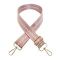 Detail of adjustable pink nylon wide strap with white arrow pattern and gold metal hooks - Light Pink Silver Buckle