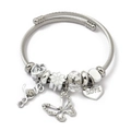 Silver stainless steel wire bracelet with crystal butterfly and heart charms - Love Butterfly Snowflake (C2-021) / White