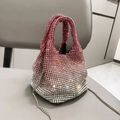 Pink and silver gradient rhinestone bucket bag with crystal handle and metal chain - Gradient Red