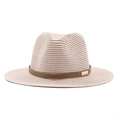 Women's wide brim straw jazz fedora with brown leather band and gold buckle detail - Flesh Pink