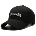 Classic black cotton baseball cap with white Colorado embroidery on a white background - Polyester Cotton Black