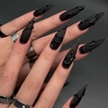 Unghie finte stiletto lunghe nero opaco con motivi a serpente lucidi 3D per donna - Stile Motivo a Serpente 3D Nero (GZ-10-81)