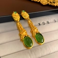 Golden matte finish earrings featuring green gemstone pendants and emerald rhinestones - E4709 Silver Earring Post-Green (Matte Emerald Drop)