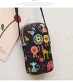 Vertical black crossbody phone bag with colorful cartoon animal prints and triple zippers - Animal