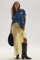 Detail of blue t-shirt and yellow floral lace maxi skirt with hollow out pattern - S / Yellow