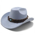 Close-up of sky blue faux suede cowboy hat with turquoise gemstone and woven leather band - M (56-58cm) / Light Blue
