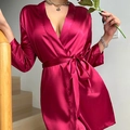 Elegant deep red silk satin nightgown with V-neckline and matching waist belt for women - S / Red