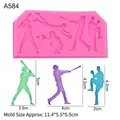 Pink silicone baseball athlete mold for cake decorating showing dimensions and player poses - Baseball Player / Pink