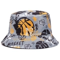 Close-up of grey bucket hat featuring black and orange basketball graffiti patterns - Grey Basketball Graffiti (10)