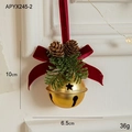 Campanella di Natale dorata con fiocco in velluto rosso, pigne e aghi di pino, 10cm - Campanello con Fiocco d'Oro